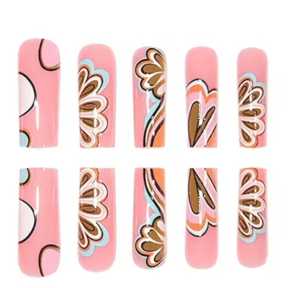 24pcs Glossy Long Square Pinkish Press On Nails Colorful Flower Sea Wave Design - Picture 3 of 5